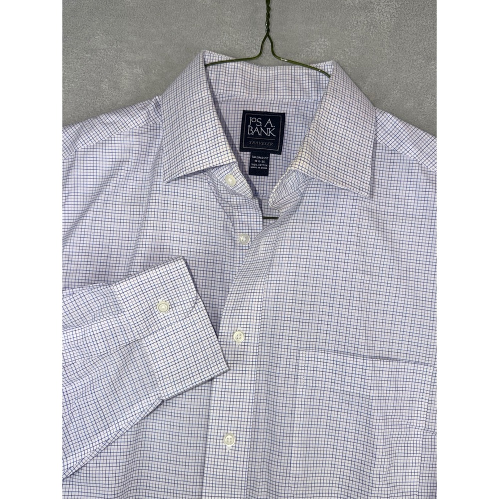 Jos. A. Bank 15.5X35 Traveler Tailored Fit Dress Shirt Blue White Check Cotton